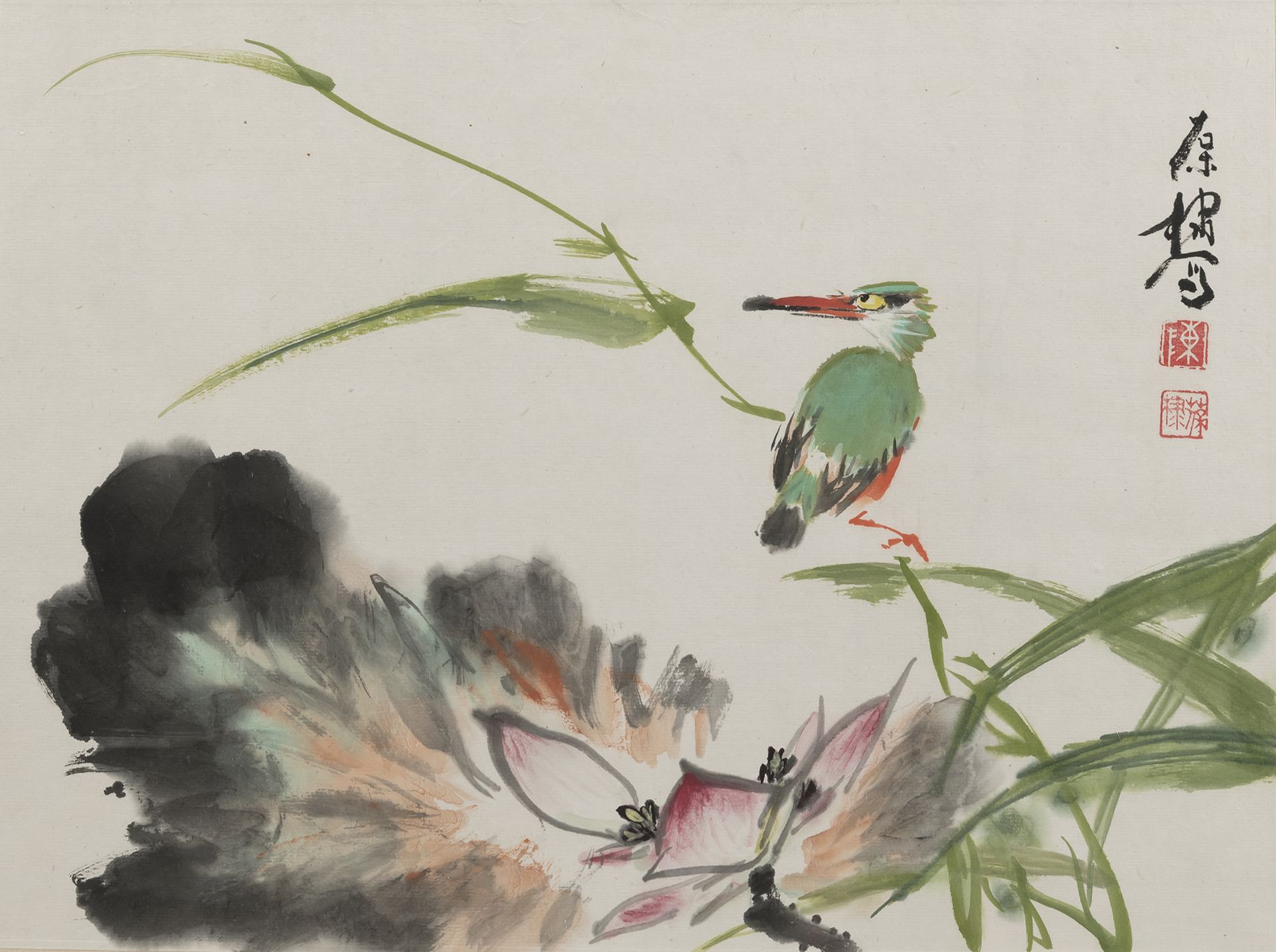 AN ALBUM LEAF DEPICTING A KINGFISHER ON REEDS AT A LOTUS POND. INK AND COLORS ON PAPER