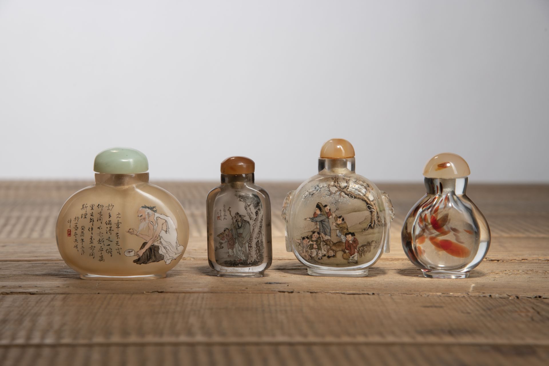 FOUR INSIDE-PAINTED GLASS AND CRASTAL SNUFF BOTTLES - Image 3 of 5