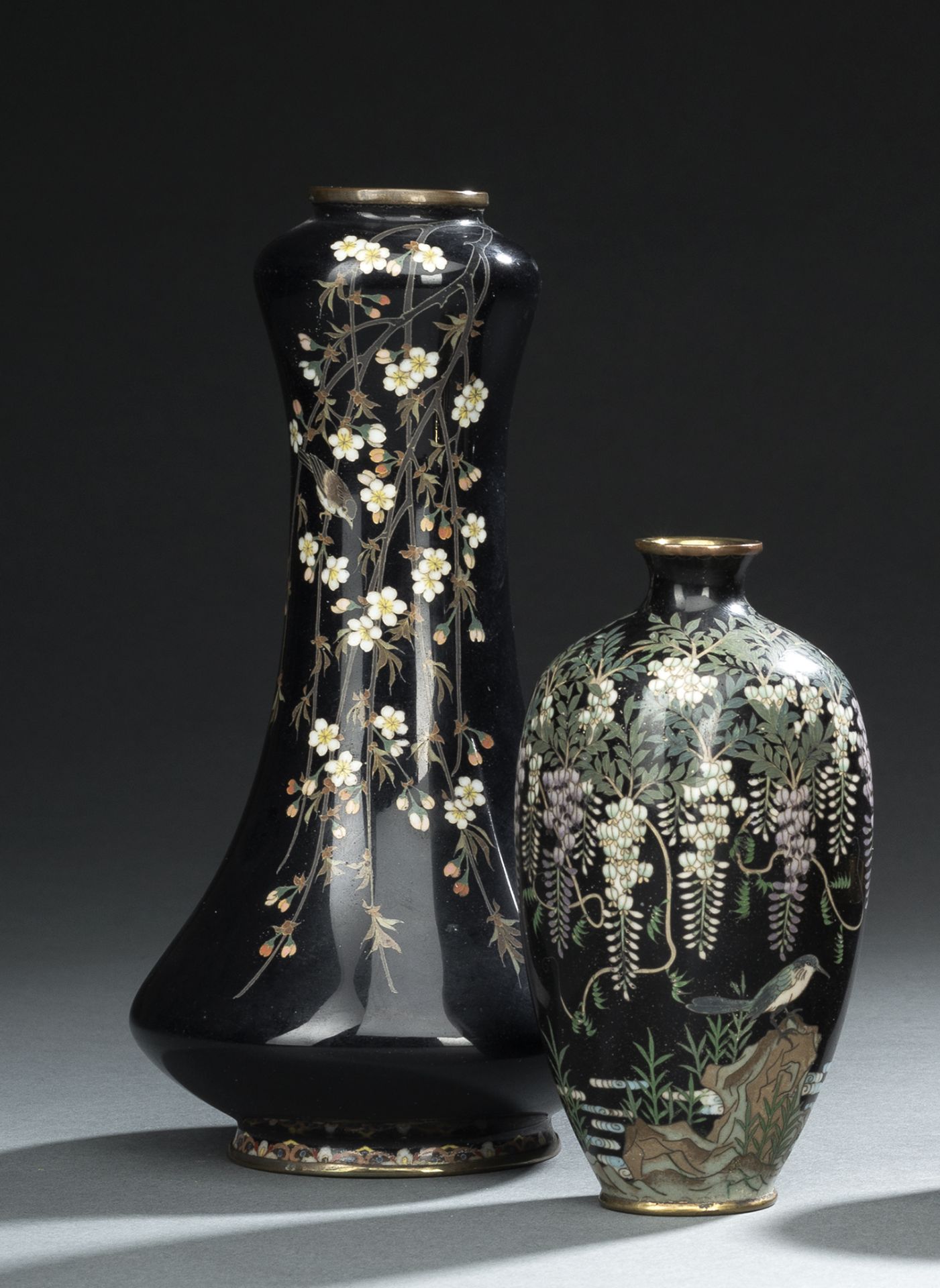 A CLOISONNÉ VASE WITH CHIDORI AND PRUNUS BRANCHES, A CLOISONNE VASE WITH WISTERIA AND A SMALL VASE