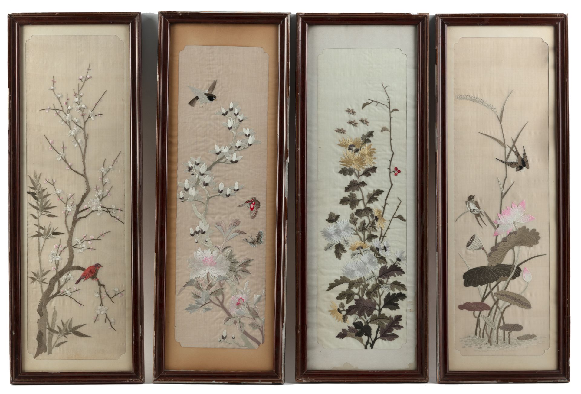 FOUR SILK EMBROIDERED PICTURES DEPICTING FLOWERS AND BIRDS OF THE FOUR SEASONS