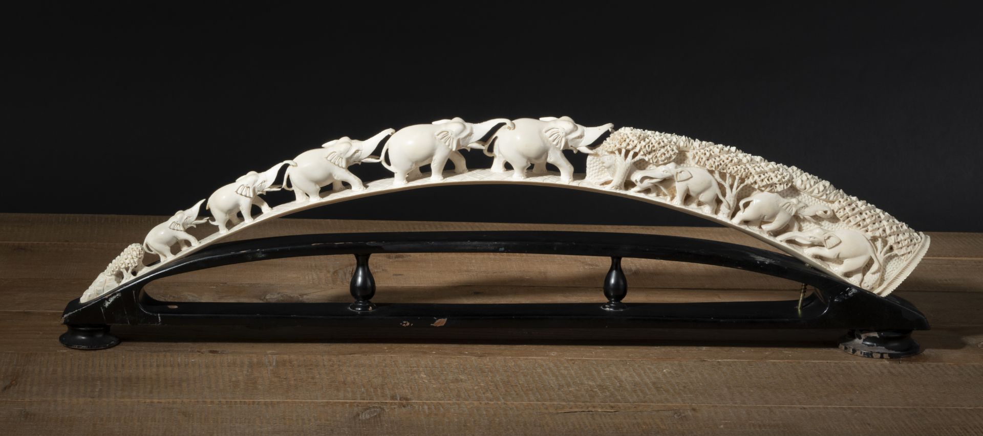 AN IVORY CARVED BRIDGE WITH ELEPHANTS AND OTHER ANIMALS IN THE FOREST, MOUNTED ON A WOOD STAND - Image 3 of 5