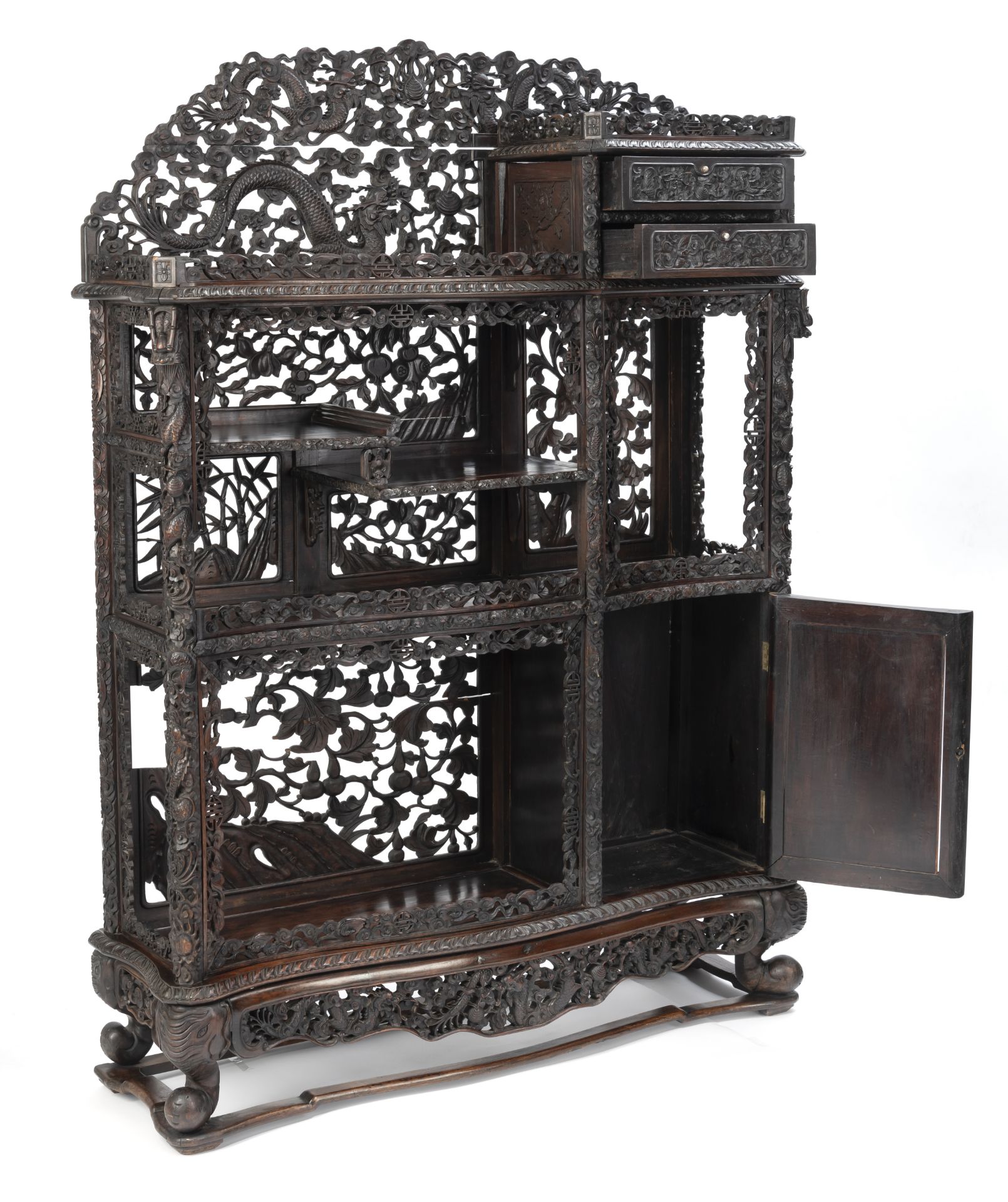 AN INTRICATELY CARVED OPENWORK DRAGON, QILIN, BAMBOO AND POMEGRANATE DISPLAY CABINET - Image 2 of 8