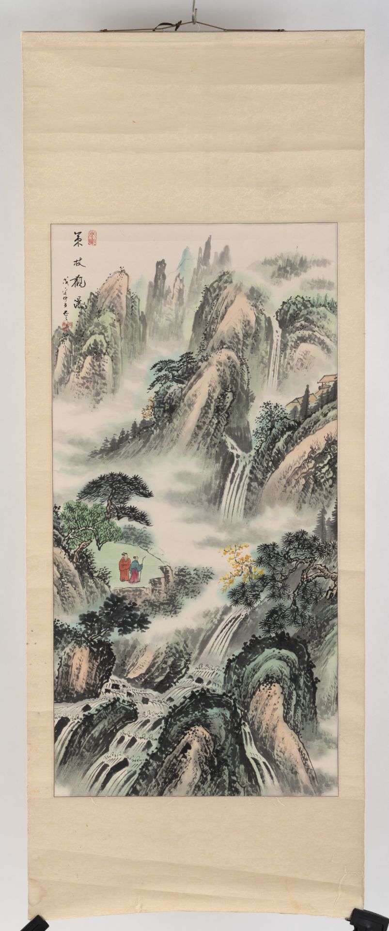 TWO PAINTINGS ON PAPER: A MOUNTAIN LANDSCAPE WITH TWO SCHOLARS AND A WATERFALL; A RIVER LANDSCAPE - Image 3 of 4