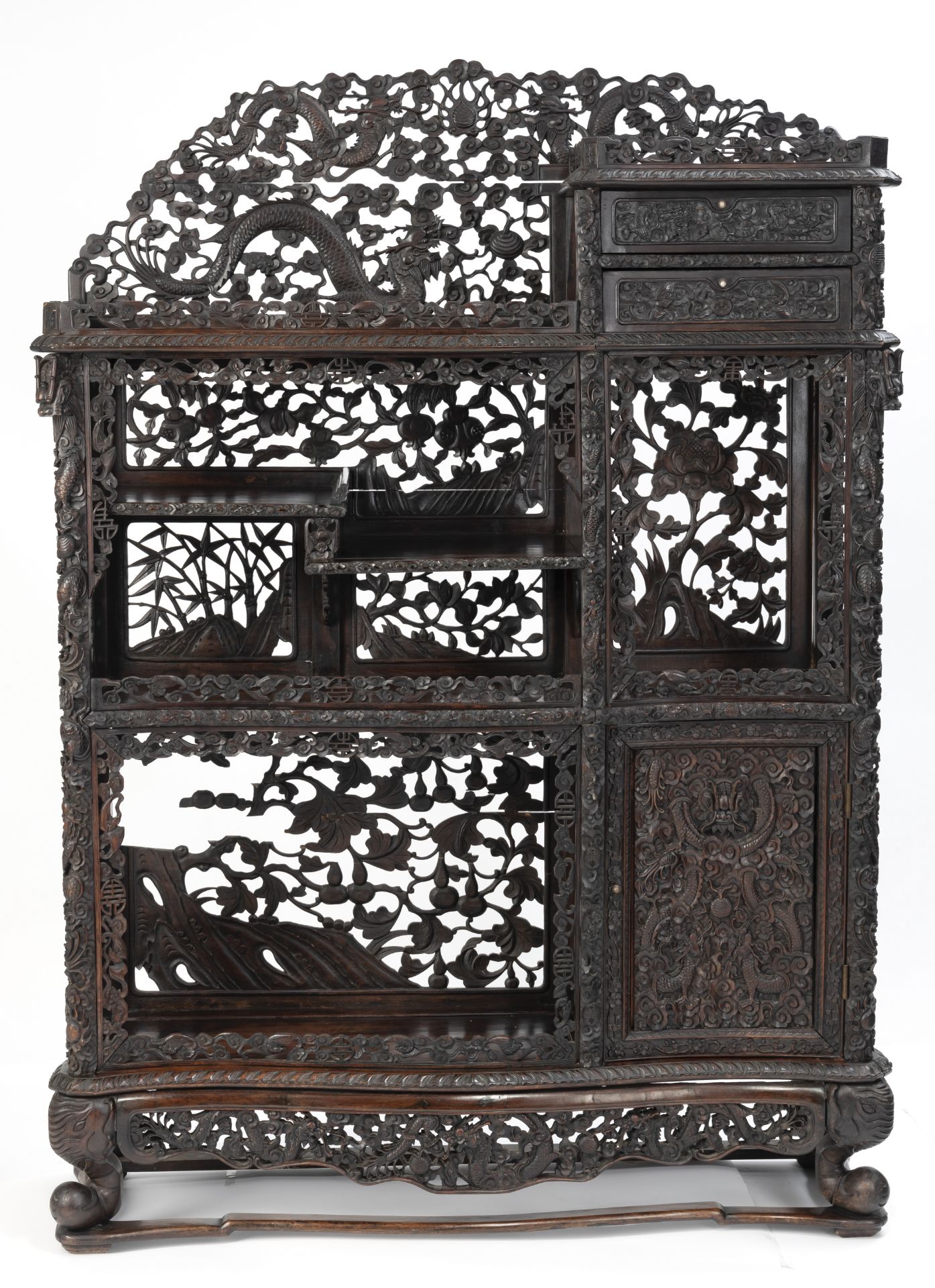 AN INTRICATELY CARVED OPENWORK DRAGON, QILIN, BAMBOO AND POMEGRANATE DISPLAY CABINET - Image 3 of 8