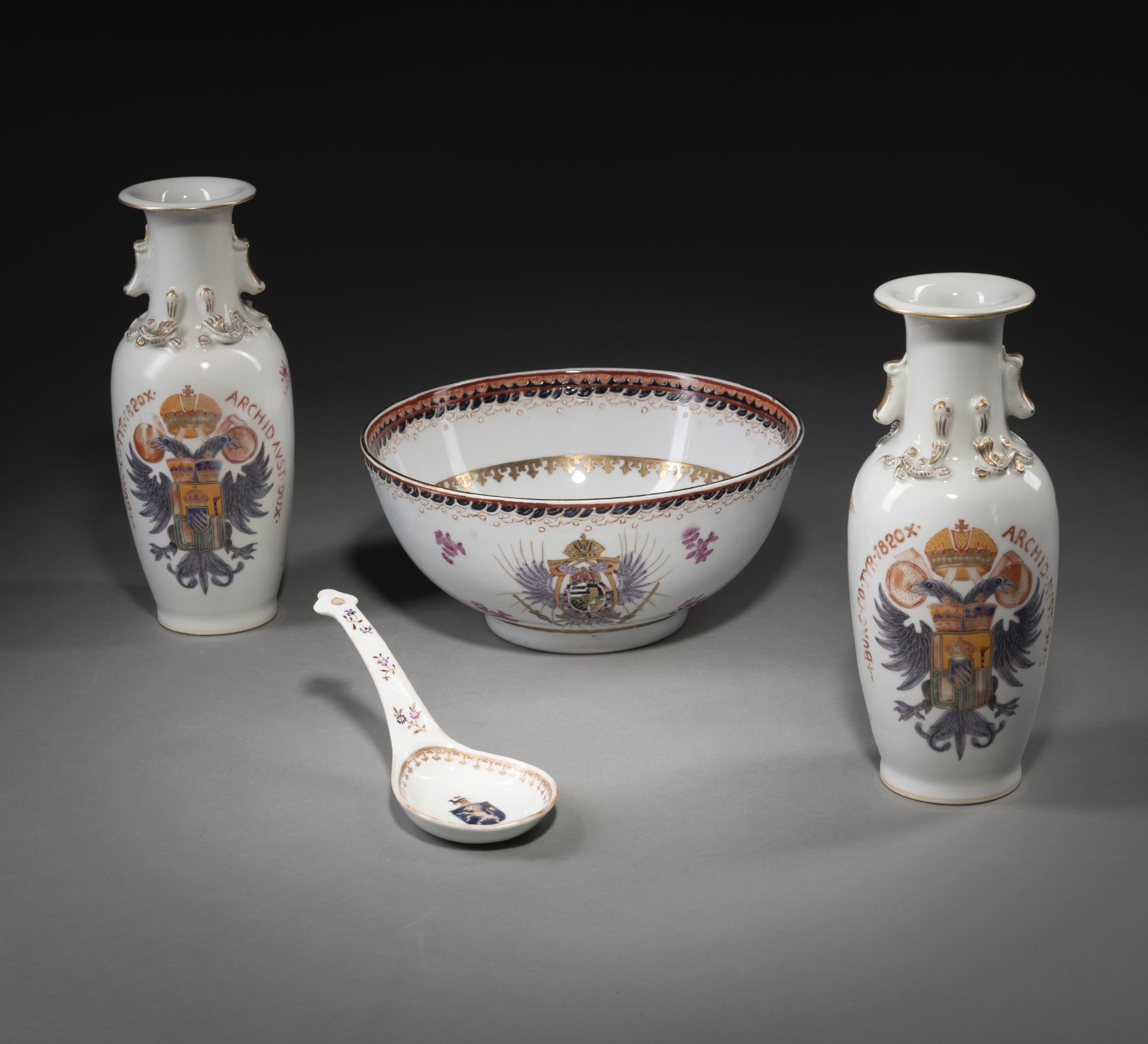 A PAIR OF 'FAMILLE ROSE' PORCELAIN VASES WITH AUSTRIAN COAT-OF-ARMS, AN ARMORIAL PUNCH BOWL, AND A - Image 2 of 5