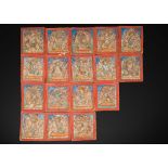 Siebzehn Ritualkarten mit Darstellungen von Gottheiten aus dem Bardo