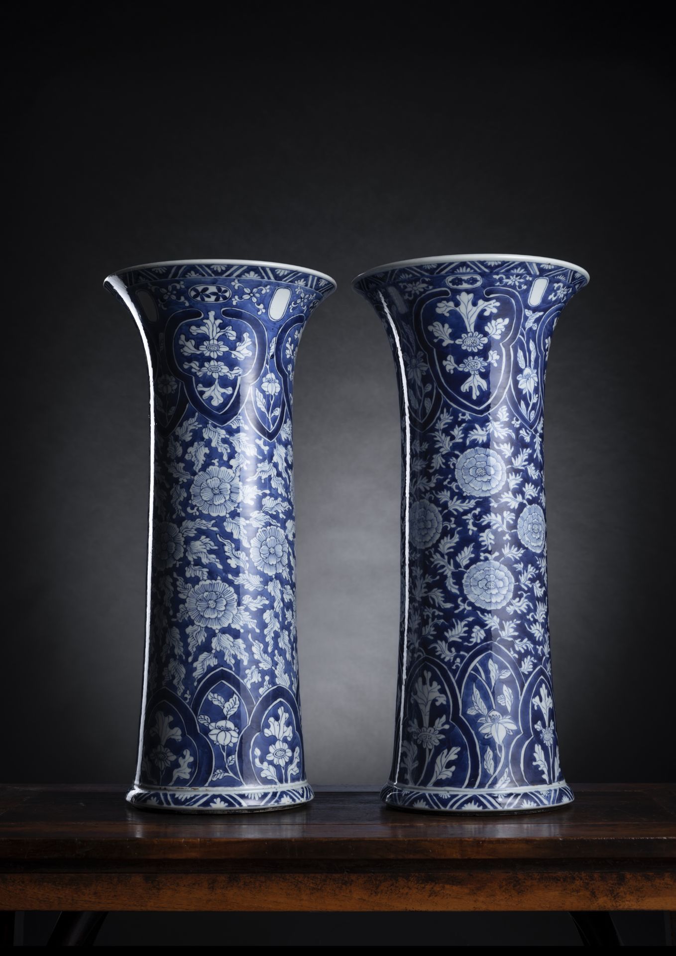 A FINE AND VERY RARE PAIR OF BLUE AND WHITE VASES WITH DIFFERENT FLOWERS SCROLLWORK FROM THE COLLEC