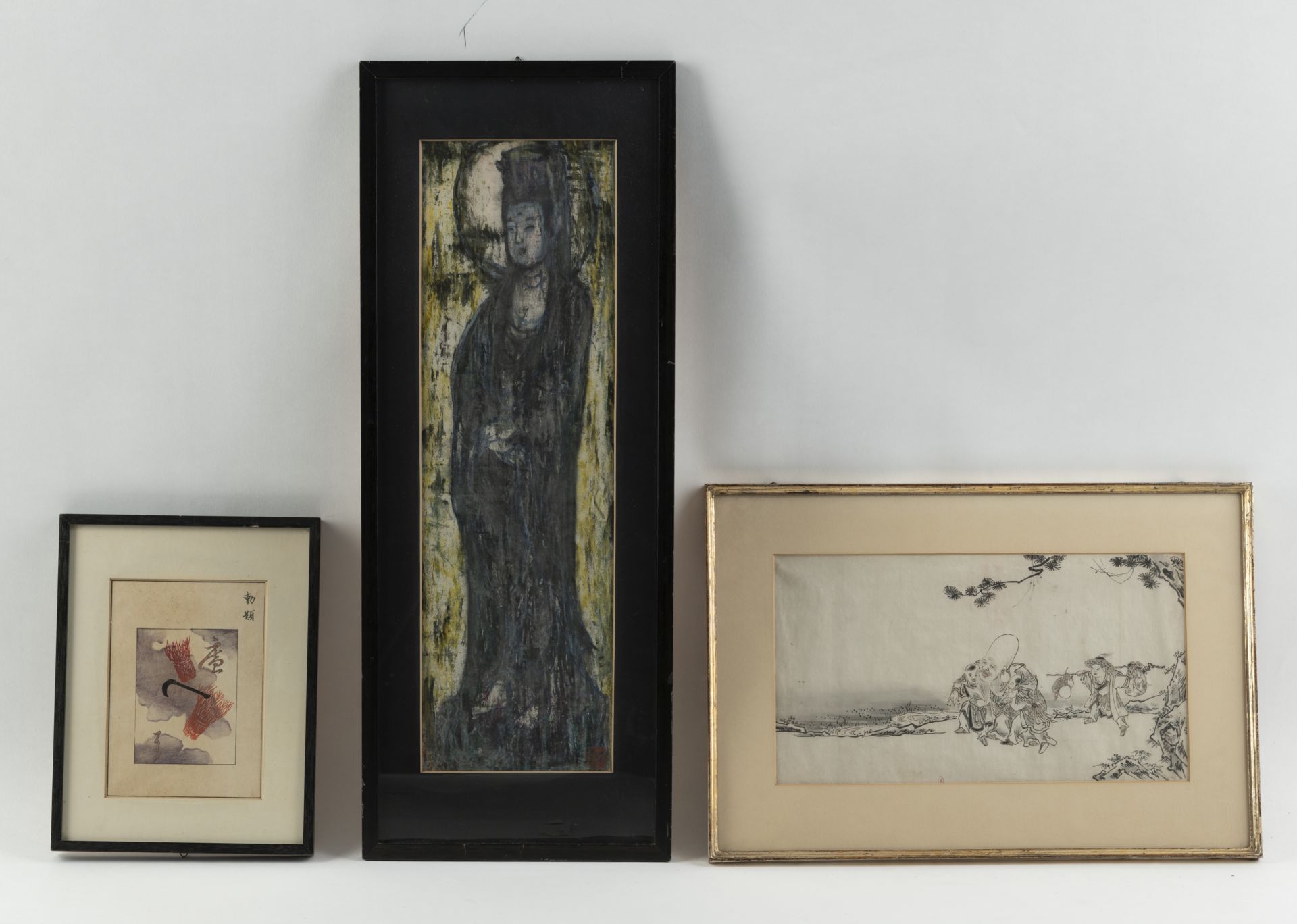 THREE FRAMED PICTURES: A STANDING GUANYIN, A WOODBLOCK PRINT WITH FUKUROKUJU AND BOYS, A SMALL ALBU - Image 2 of 2