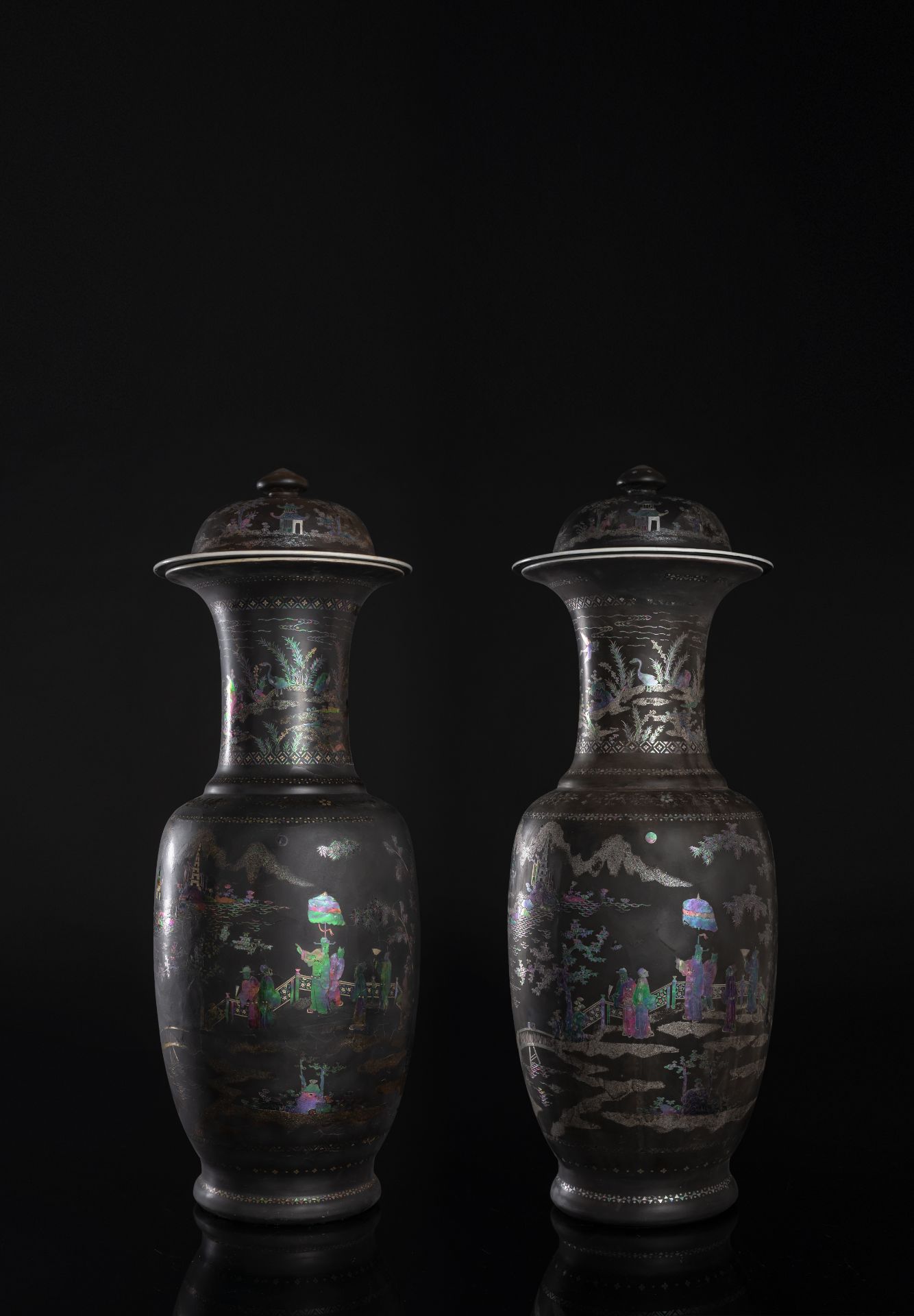 A VERY RARE AND LARGE PAIR OF LAC-BURGAUTÉ PORCELAIN VASES AND COVERS - Image 2 of 7