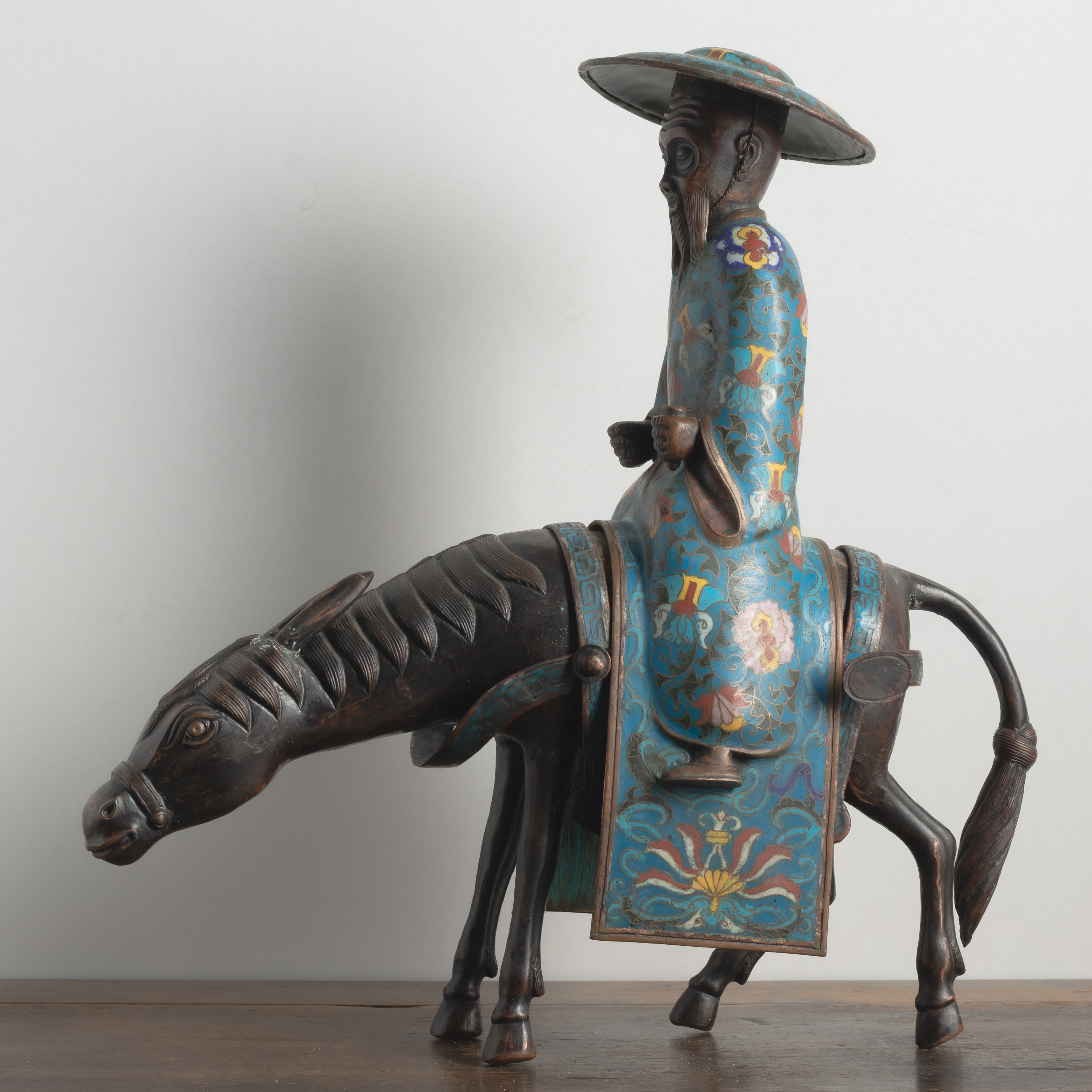 TWO BRONZES OF HORSE RIDING FIGURES, ONE WITH CLOISONNÉ-ENAMELS - Image 3 of 8