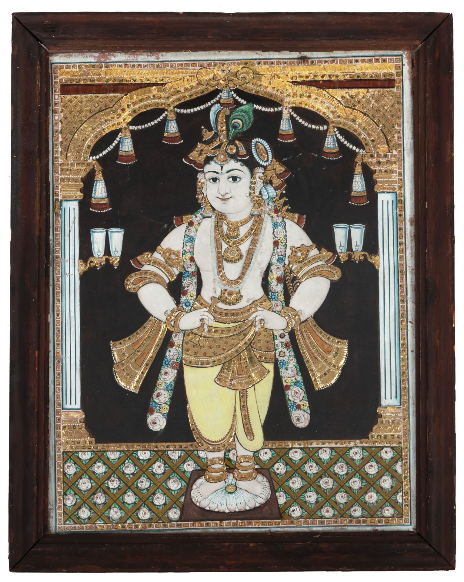 FOUR POLYHCROME PAINTINGS ON WOOD AND A REVERSE GLASS PAINTING DEPICTING KRISHNA, SHIVA, AND DURGA - Image 5 of 5