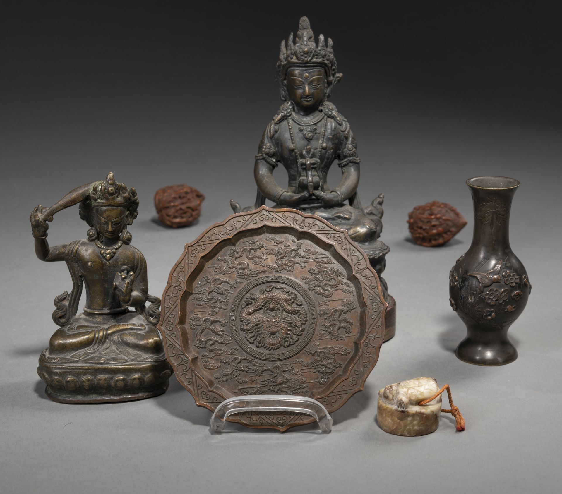 TWO BRONZE FIGURES OF AMITAYUS AND MANJUSHRI, A FLORIFORM BRONZE TRAY, TWO WALNUT CARVINGS, A SMALL - Image 5 of 5