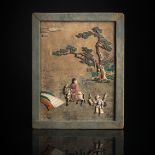 Schiebebild mit erotischen Szenen in Speckstein über gemaltem Seidenfond intarsiert