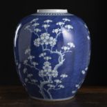Vorratsgefäß aus Porzellan mit unterglasurblauem Dekor von blühenden Prunusbäumen