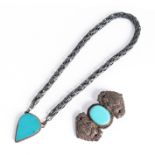 A LOW ALLOY SILVER NECKLACE AND A BELT BUCKLE WITH TURQUOISE BEADS