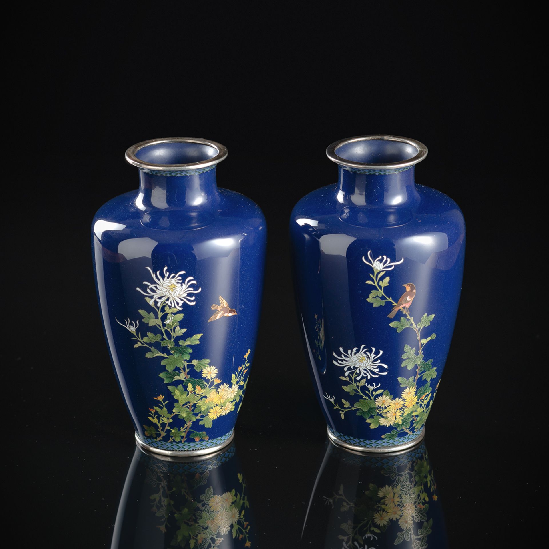 A FINE PAIR OF BLUE GROUND CLOISONNÉ ENAMEL VASES BY HAYASHI KODENJI WITH GOLD AND SILVER WIRES