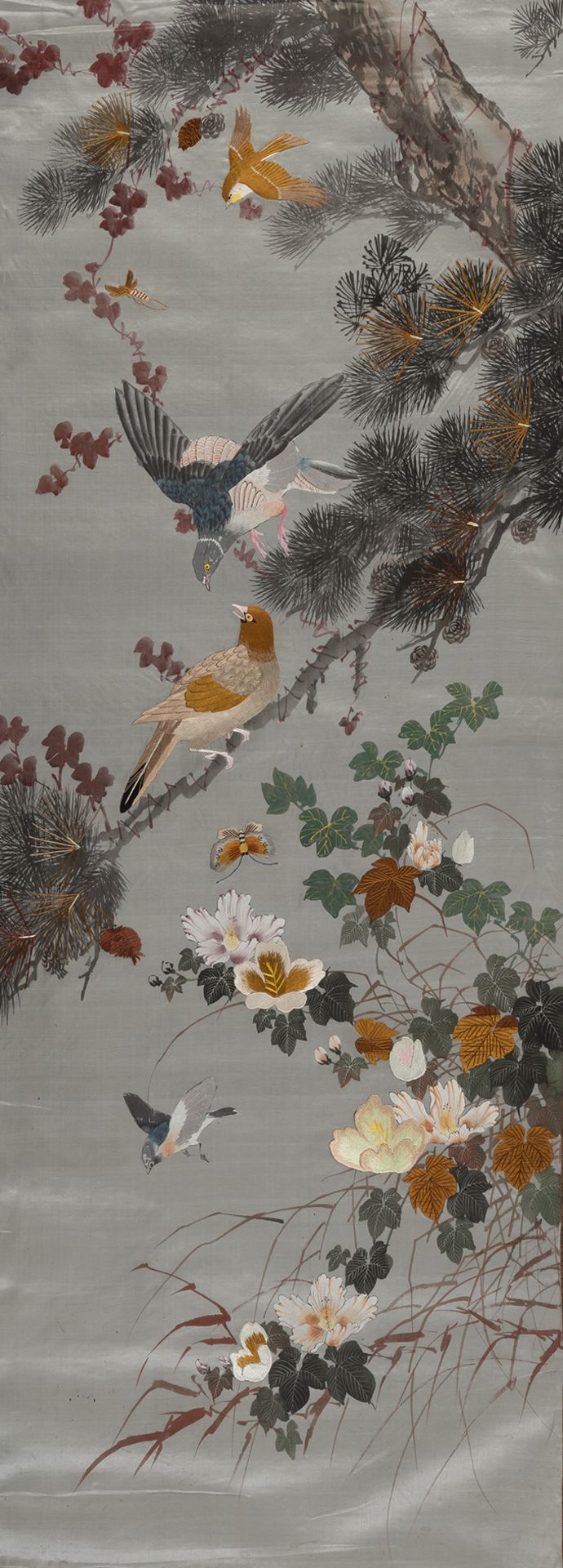 FOUR SILK PAINTINGS DEPICTING BIRDS AND FLOWERS