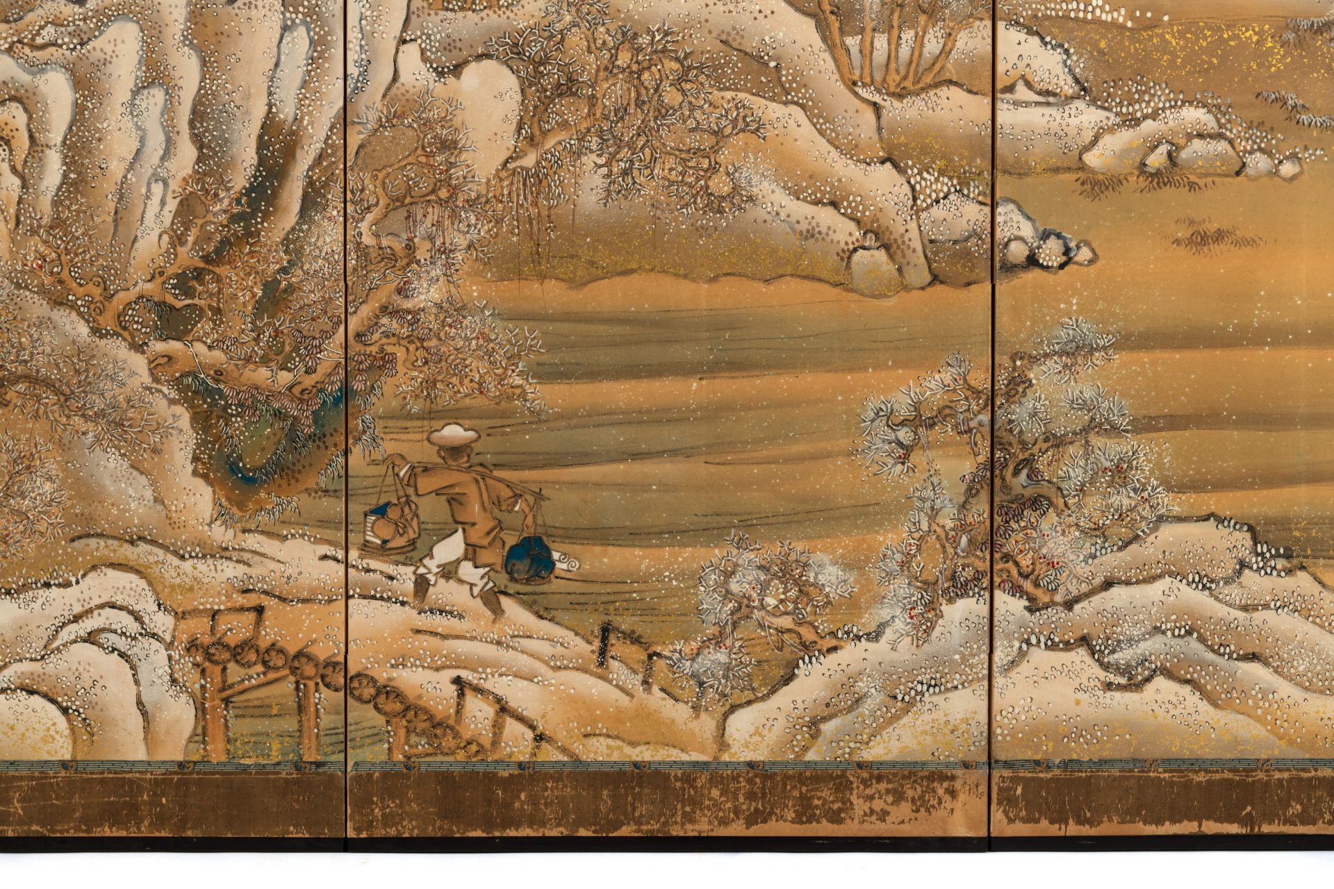 A SIX-PANEL SCREEN WITH A WINTER LANDSCAPE AND RIDERS - Image 3 of 8