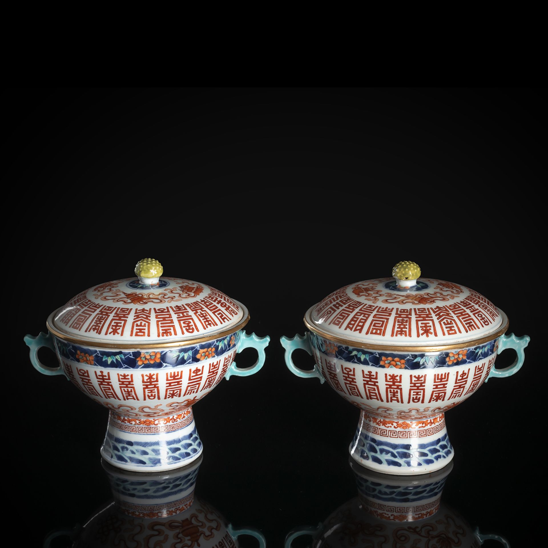 A PAIR OF IRON-RED AND UNDERGLAZE-BLUE 'BAJIXIANG' AND 'SHOU'-CHARACTERS STEM BOWLS