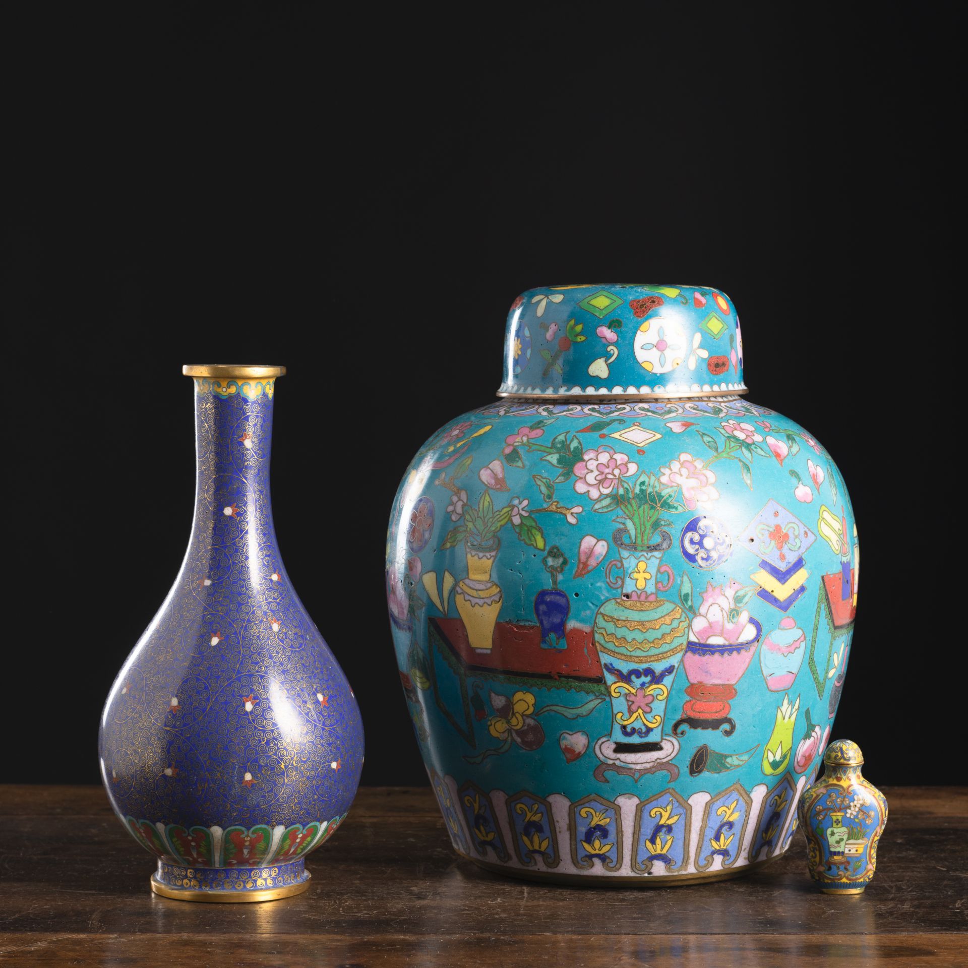 TWO CLOISONNÉ-ENAMEL VASES AND A SNUFFBOTTLE