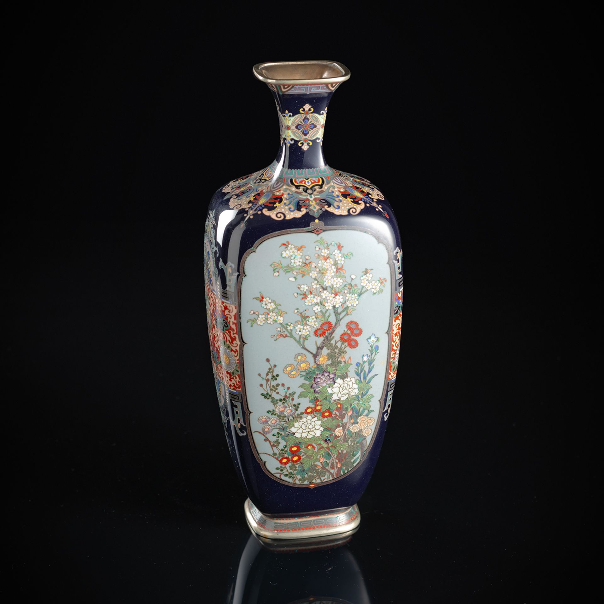 A FINE CLOISONNÉ ENAMEL VASE WITH DIFFERENT FLOWER PANELS AND ORNAMENTS