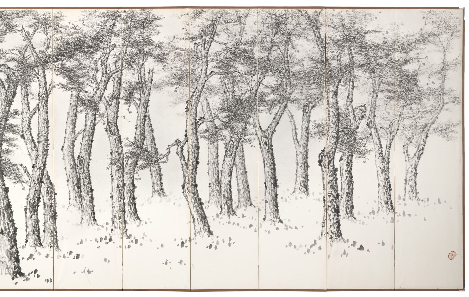 TWELVE-PANEL SCREEN DEPICTING A PINE FOREST UNDER A FULL MOON - Image 3 of 7