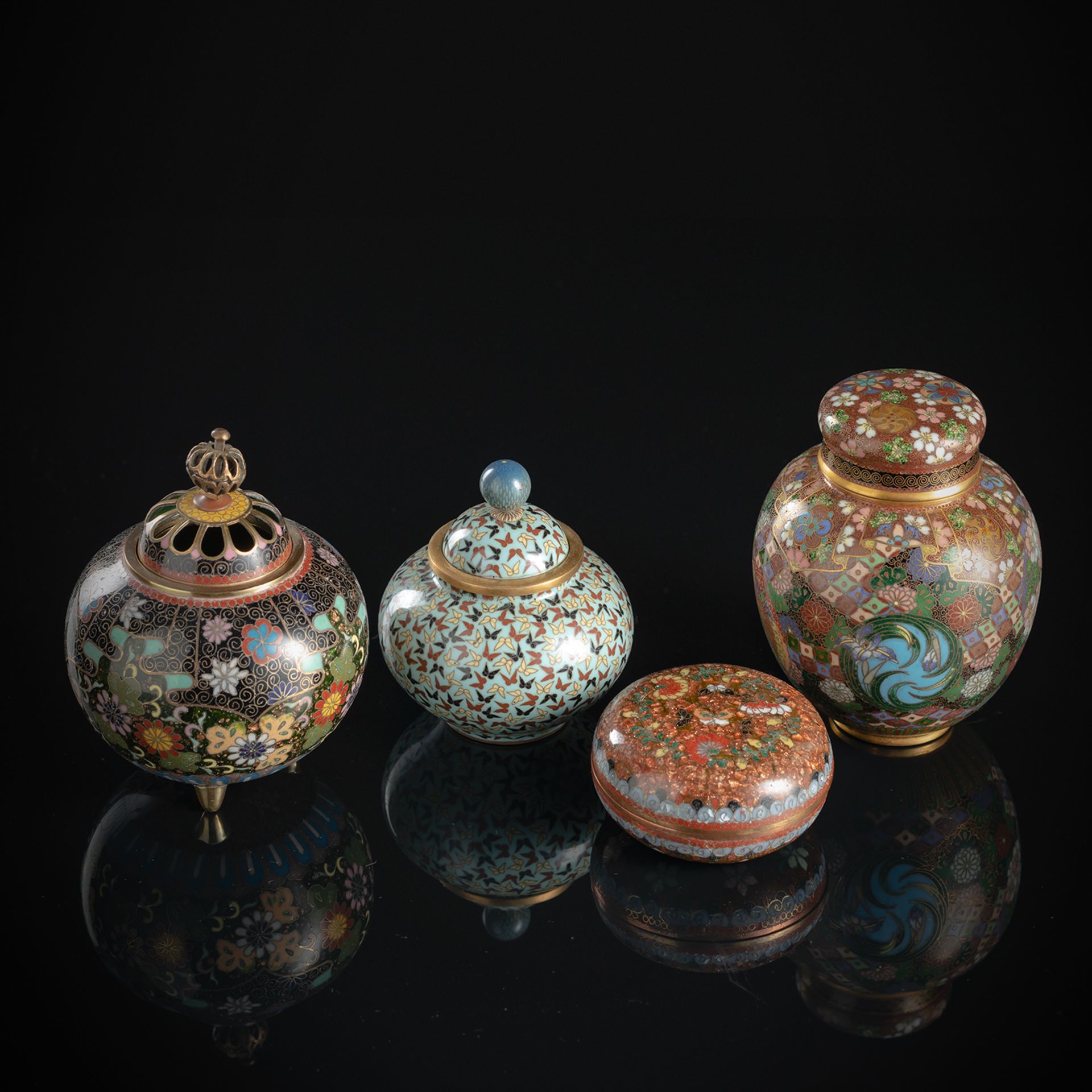 A PAIR OF CLOISONNÉ ENAMEL VASES, A TEA CADDY, A KORO AND TWO BOXES AND COVERS