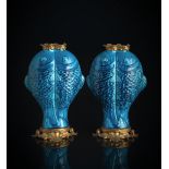 A PAIR OF TURQUOISE:GLAZED AND ORMOLU-MOUNTED DOUBLE-FISH VASES