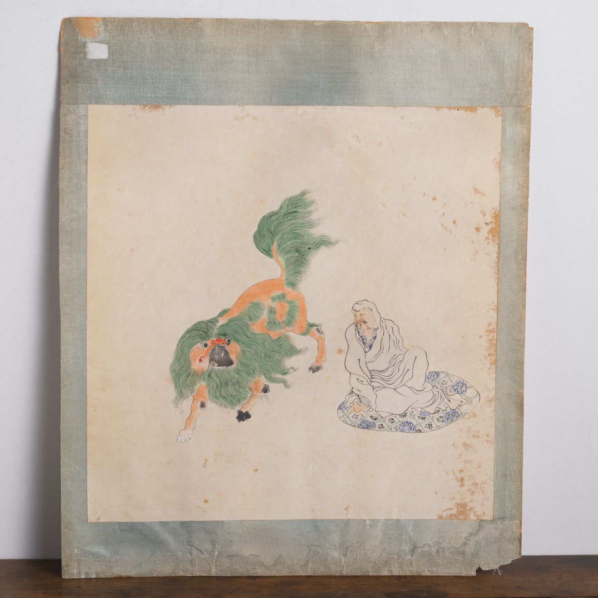 THREE ALBUM LEAVES WITH PAINTINGS OF LUOHAN AND MYTHICAL BEASTS - Image 2 of 4