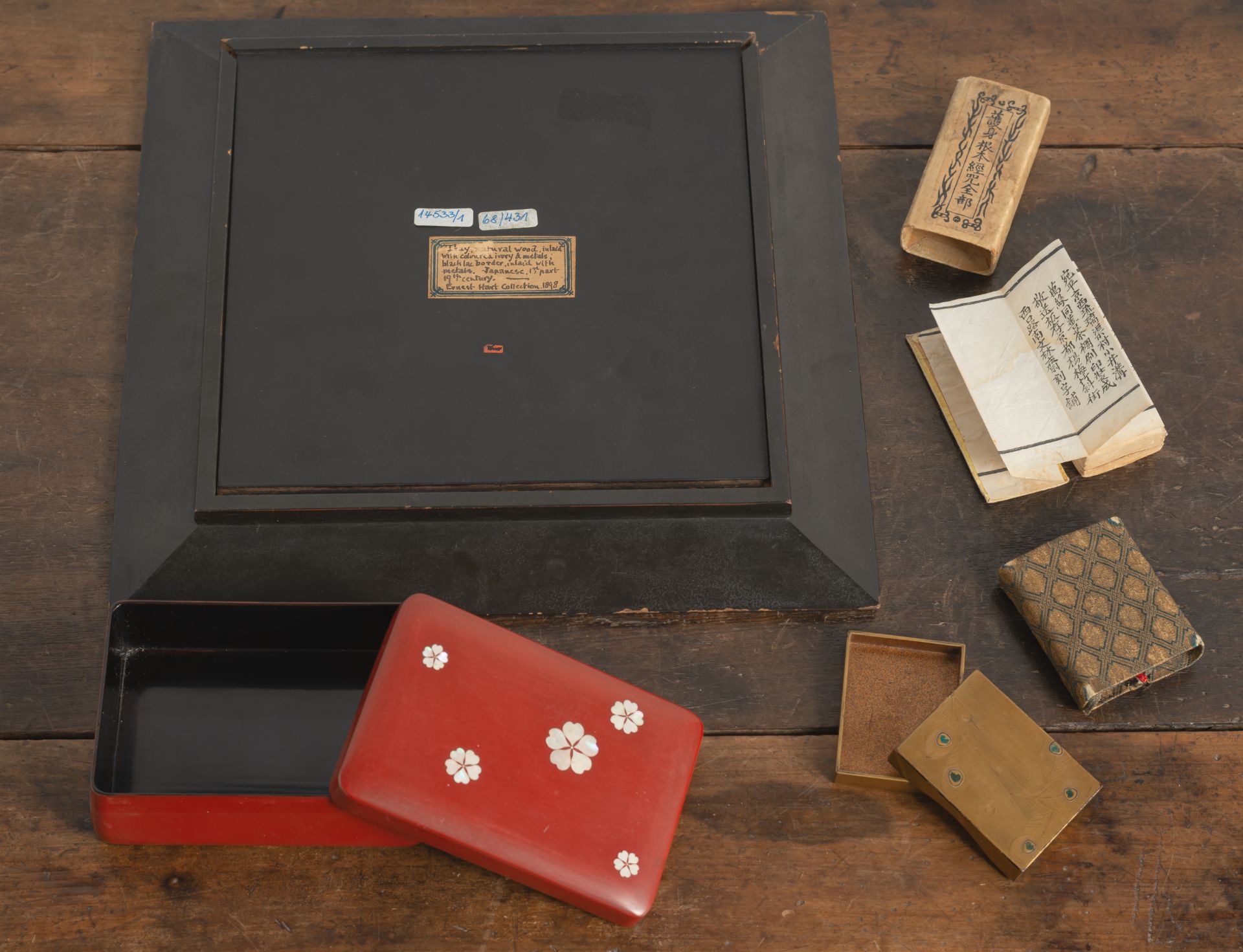 A SQUARE INLAID WOOD TRAY, TWO LACQUER BOXES, AND A SUTRA - Image 2 of 2