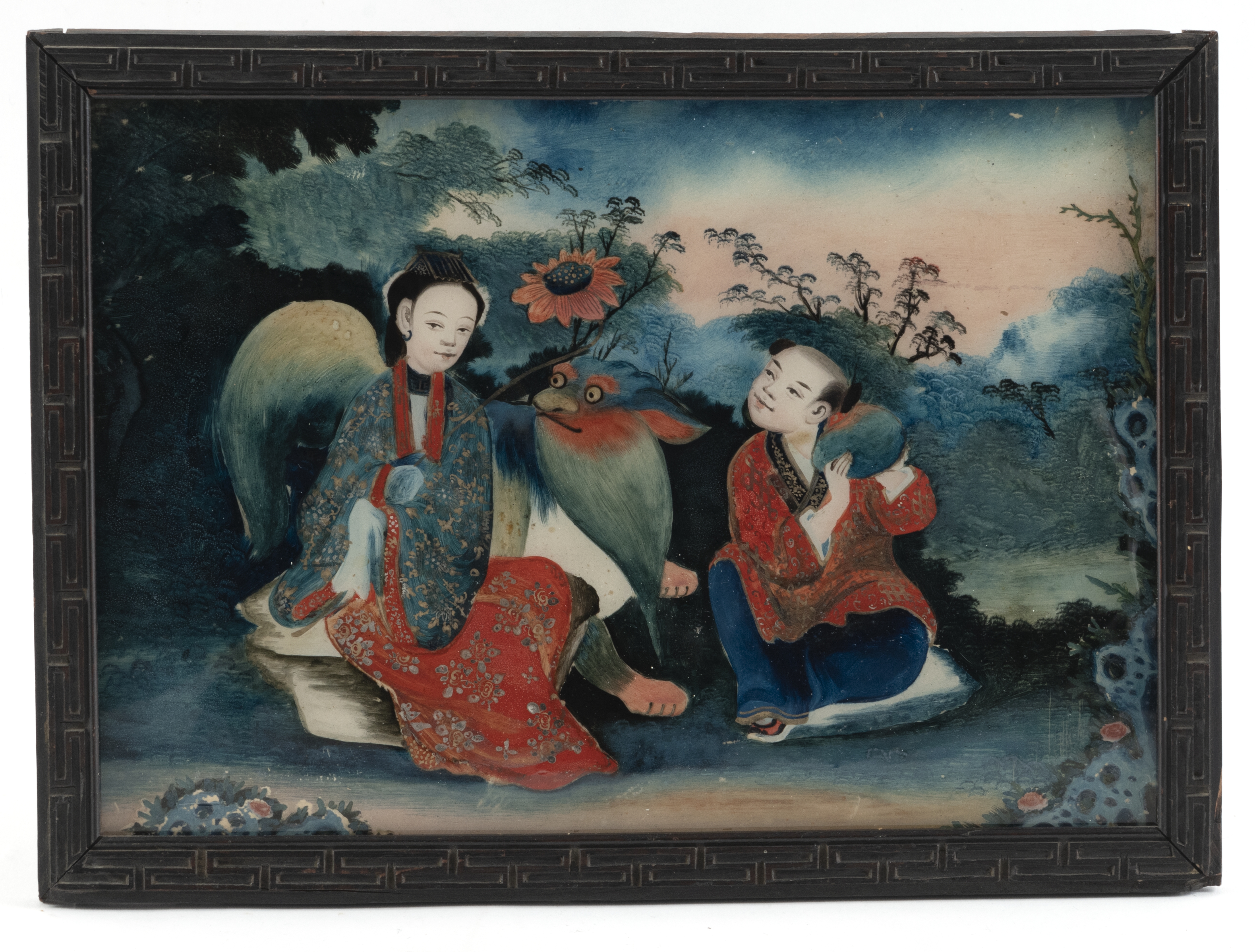 THREE REVERSE GLASS PAINTINGS EACH DEPICTING AN IMMORTAL AND A SERVANT - Image 6 of 6
