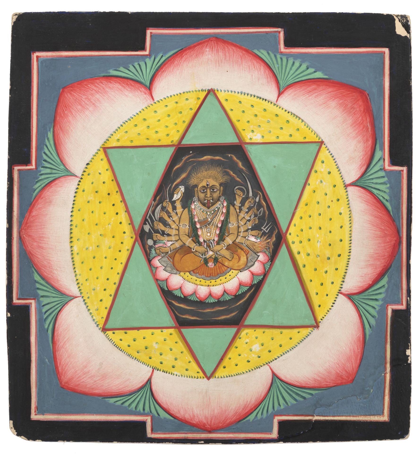 Yantra mit einer zornvollen Gottheit und Andachtsbild mit Kṛṣṇa und Rādhā