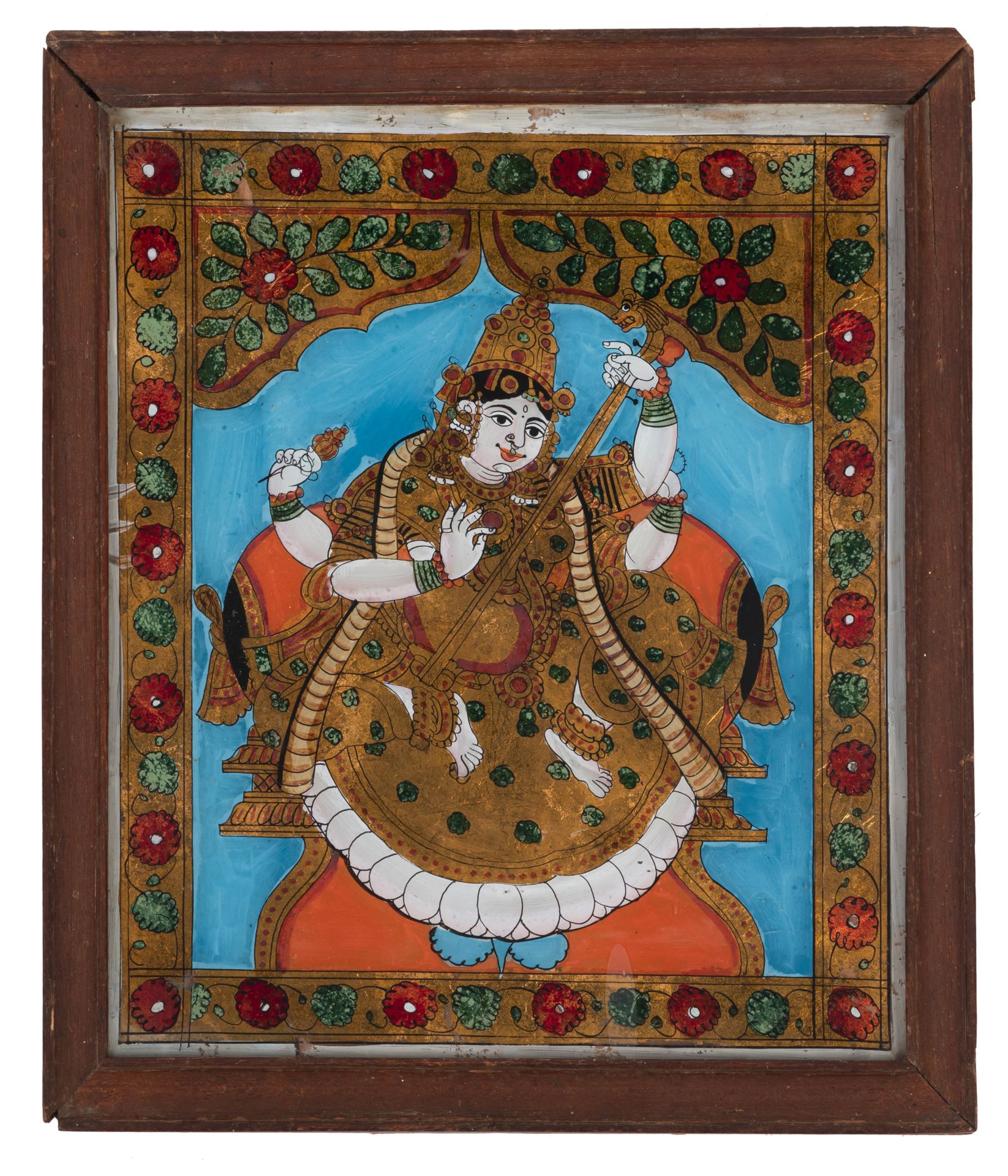 FOUR POLYHCROME PAINTINGS ON WOOD AND A REVERSE GLASS PAINTING DEPICTING KRISHNA, SHIVA, AND DURGA - Image 3 of 5