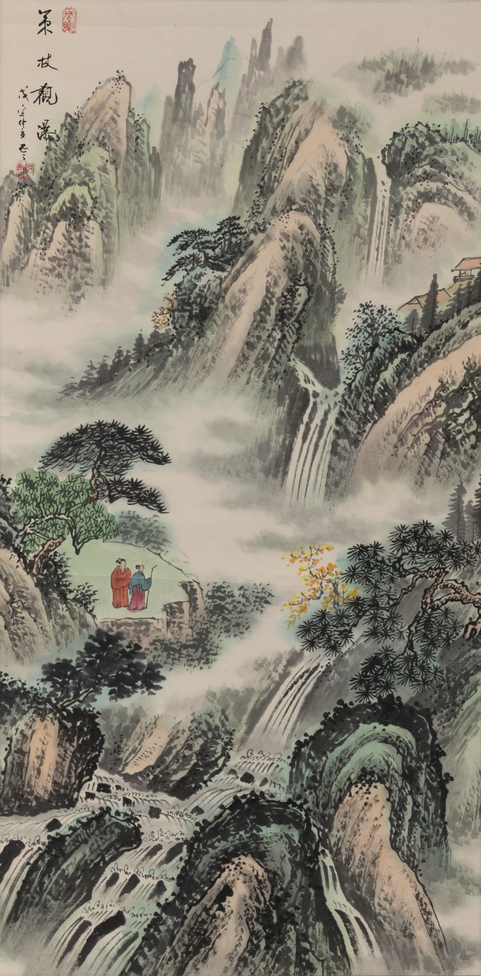 TWO PAINTINGS ON PAPER: A MOUNTAIN LANDSCAPE WITH TWO SCHOLARS AND A WATERFALL; A RIVER LANDSCAPE