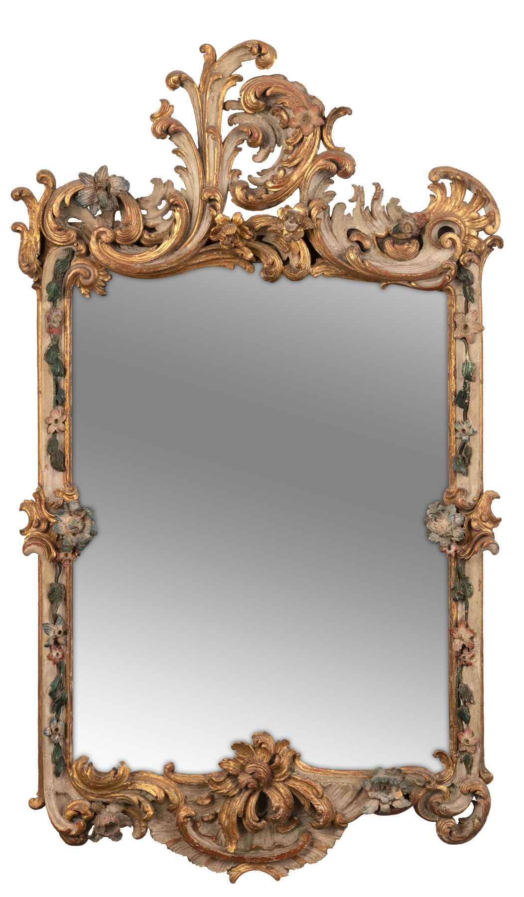 A SOUTH GERMAN CARVED AND PAINTED WOOD ROCOCO MIRROR