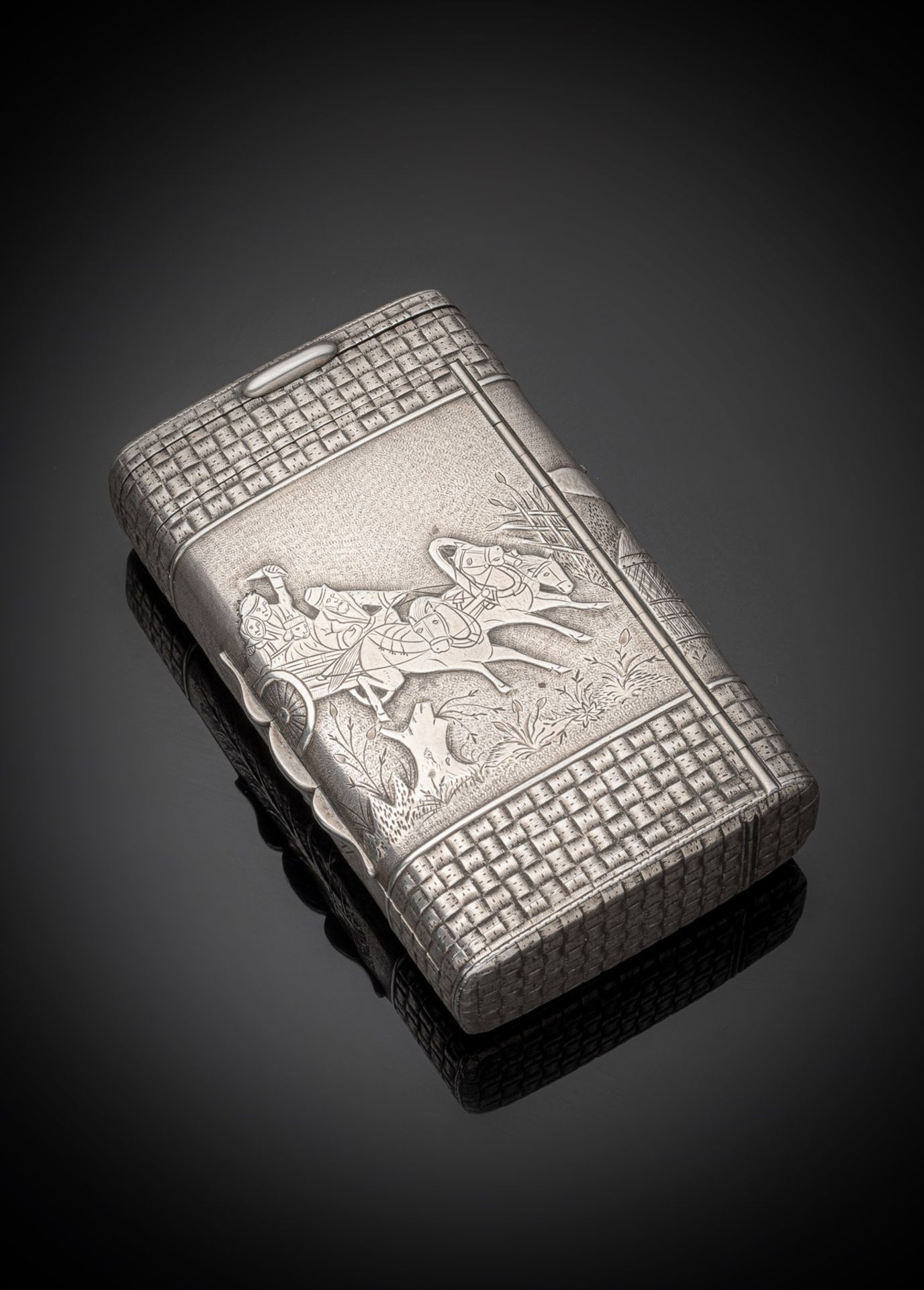 A RUSSIAN SILVER CIGAR CASE WITH TROIKA