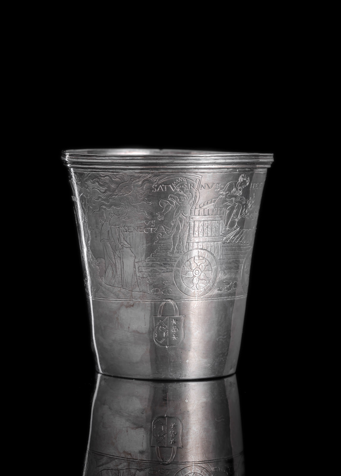 A BAROQUE SILVER BEAKER WITH MYTHOLOGICAL FIGURES