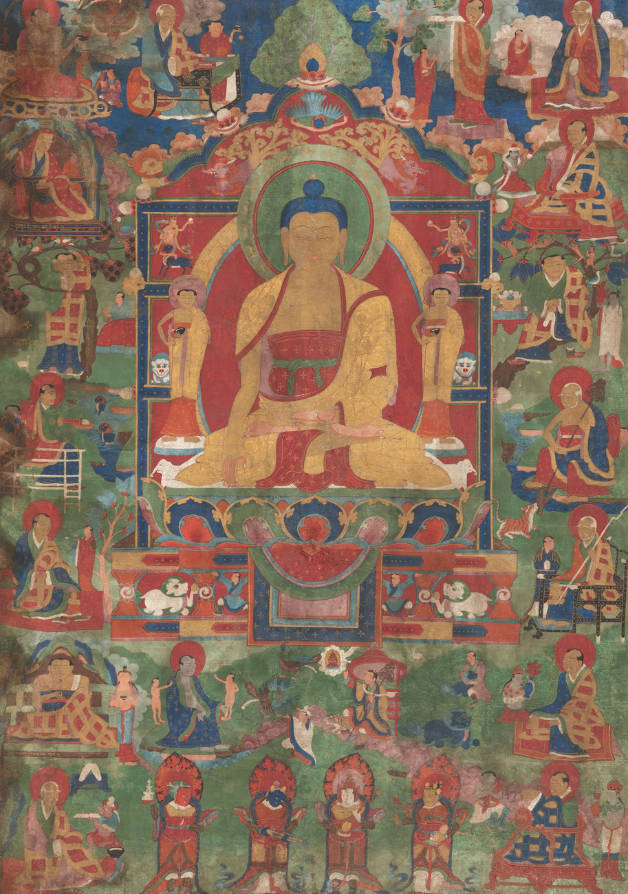A RARE THANGKA OF BUDDHA SHAKYAMUNI AND THE SIXTEEN ARHATS