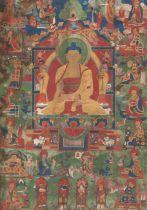 Seltene Thangka des Buddha Shakyamuni und die Erleuchteten des Hinayana-Buddhismus - die sechzehn A