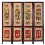 A FOUR-PANEL PARCEL-GILT CARVED RELIEF 'SANGUO YANYI' FOLDING SCREEN