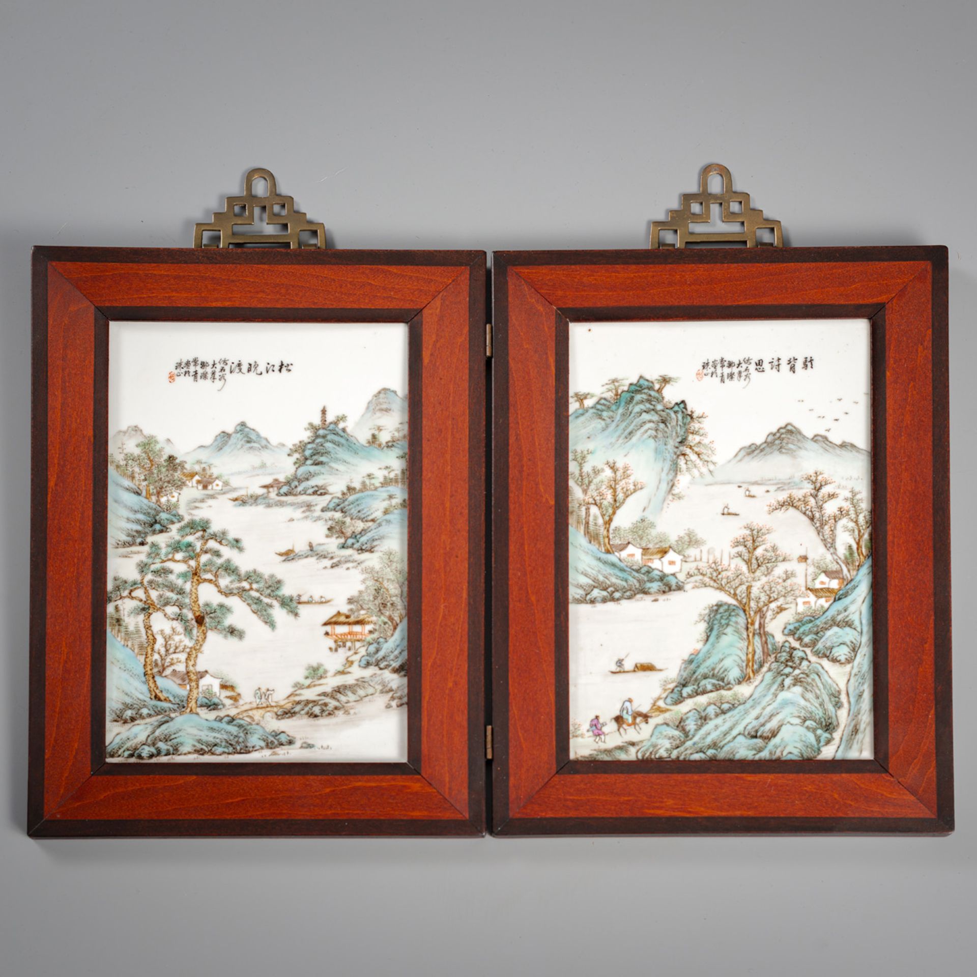 A PAIR OF SMALL PORCELAIN TILES PATINTED WITH FINE POLYCHROME LANDSCAPE DEPICTIONS