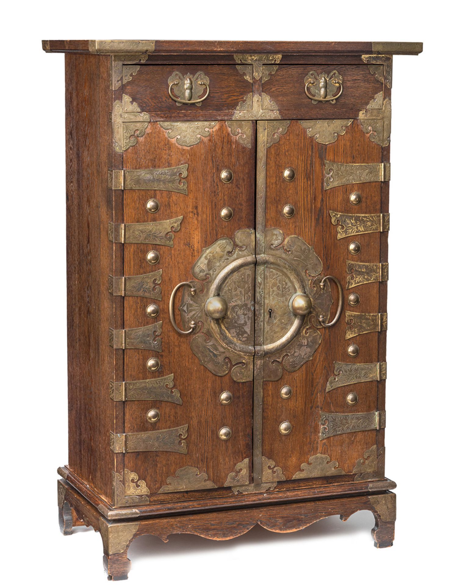 A TWO-DOOR BRASS FITTED WOOD CABINET
