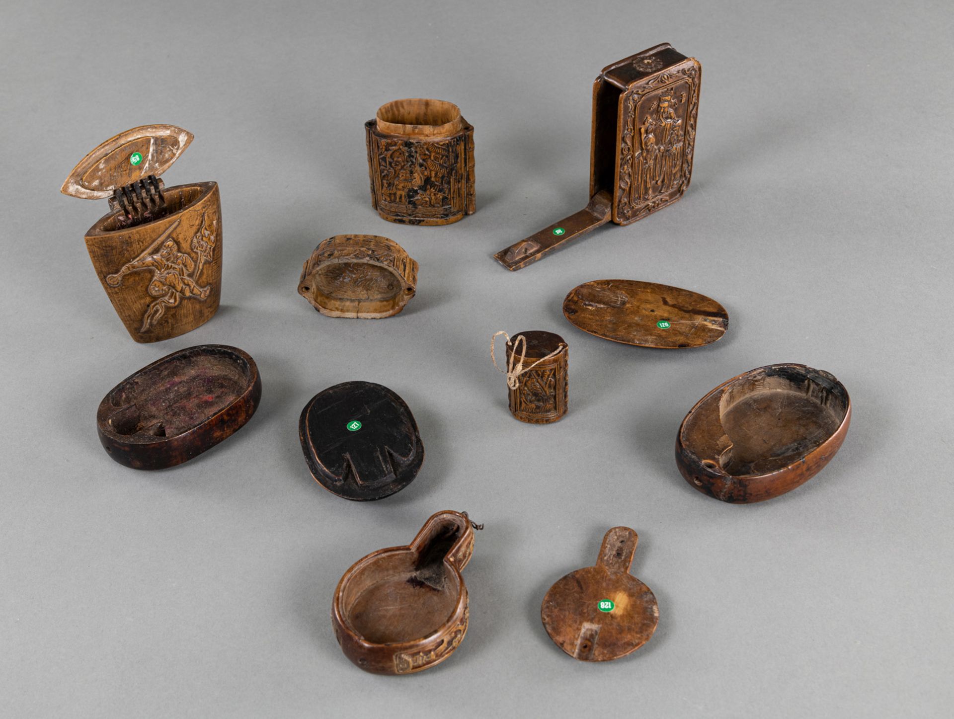 A GROUP OF SEVEN CARVED RELIEF WOOD OPIUM BOXES - Image 3 of 3