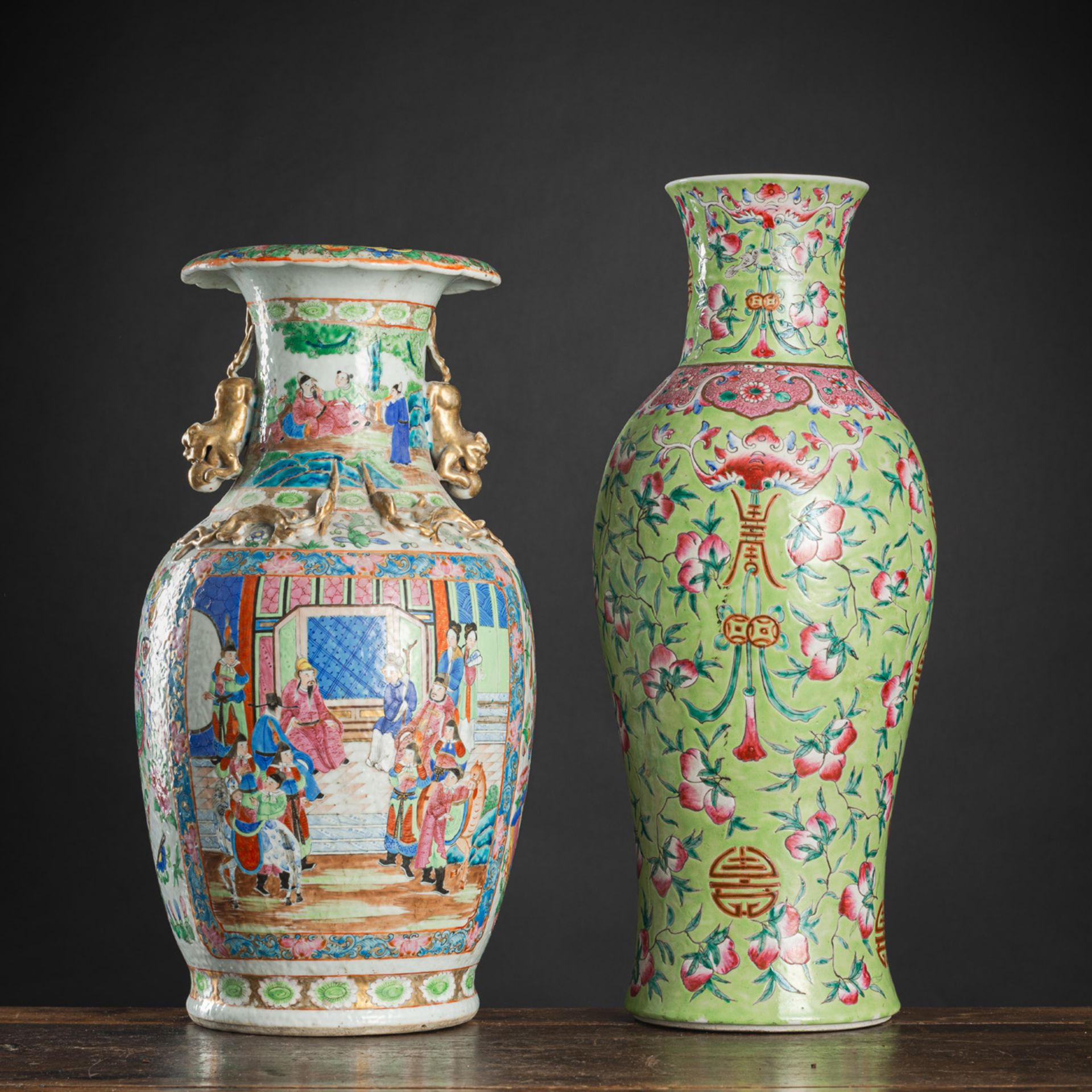 TWO 'FAMILLE ROSE' FIGURAL AND PEACHES PORCELAIN VASES