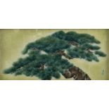 A CLOISONNE PANEL DEPICTING A LARGE PINE TREE