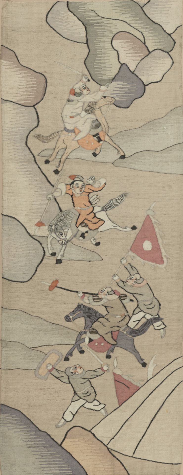 A BROWN-GROUND SILK EMBROIDERY WITH DAOIST MOTIF AND MYTHICAL ANIMALS AND A KESI EMBROIDERY DEPICTI