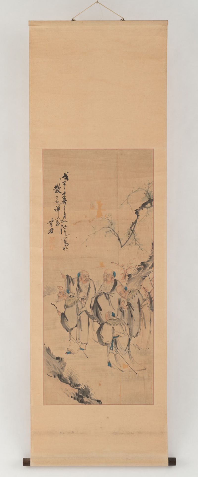 A PAIR OF HANGING SCROLLS WITH NOVEL SCENES AND A HANGING SCROLL DEPICTING THE MEETING OF FIVE SCHO - Image 2 of 5