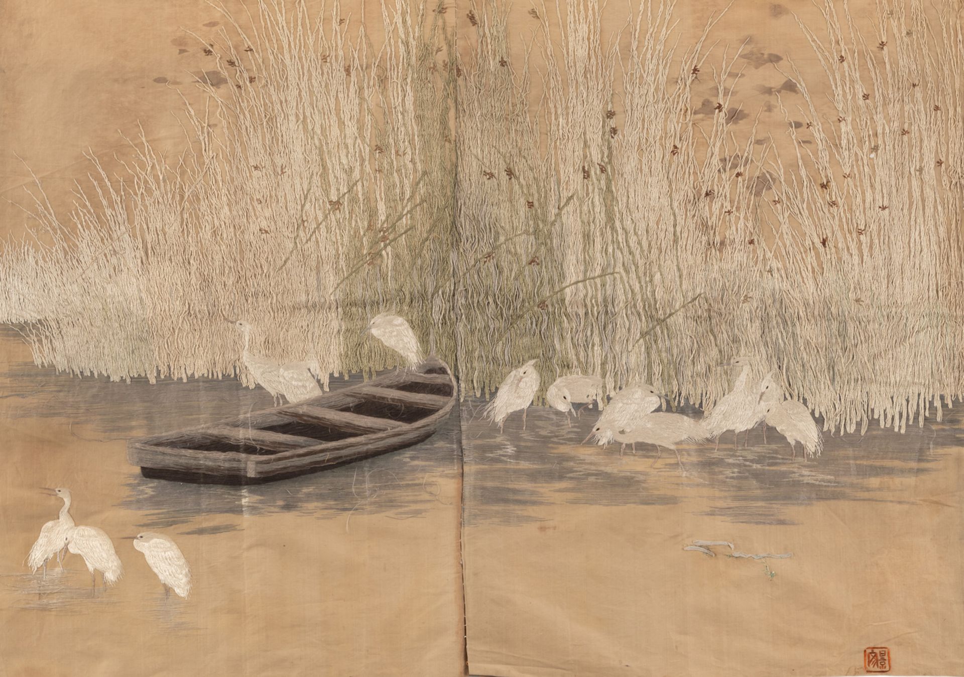 A SILK EMBROIDERY WITH BOAT AND WHITE HERONS