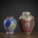 A CLOISONNE JAR AND COVER AND A PURPLE VASE