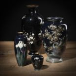 FOUR BLACK / DARK-BLUE CLOISONNÉ VASES WITH BIRDS AND FLOWERS